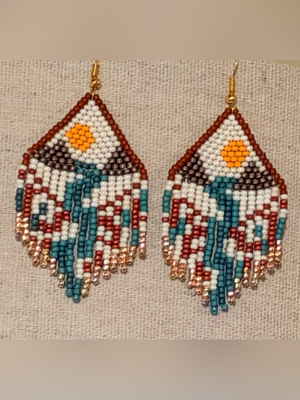 Handmade Turquoise, White & Amber Beaded Fringe Earrings